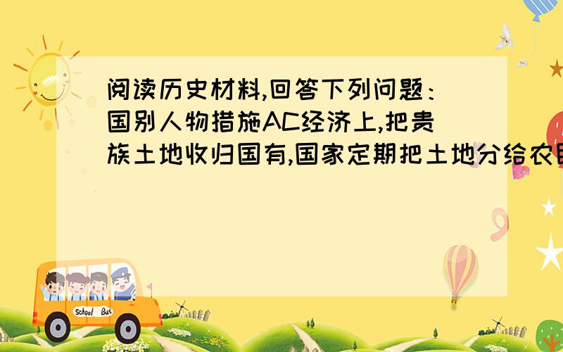 阅读历史材料,回答下列问题：国别人物措施AC经济上,把贵族土地收归国有,国家定期把土地分给农民耕种,向他们收取赋税BD改变以前无条件赏赐土地的作法,实行有条件的土地分封,得到土地的