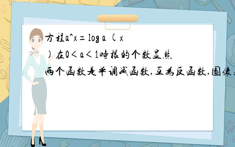 方程a^x=log a (x)在0＜a＜1时根的个数显然两个函数是单调减函数,互为反函数,图像关于y=x对称,可知方程有一个根.但是两个函数的凹凸性,所以在a=1/16时,(1/16)^(0.5)=0.25log (1/16)底(0.5)=0.25此时有交