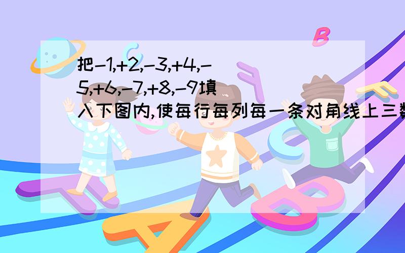 把-1,+2,-3,+4,-5,+6,-7,+8,-9填入下图内,使每行每列每一条对角线上三数乘积都是负数,三数的绝对值的和相等