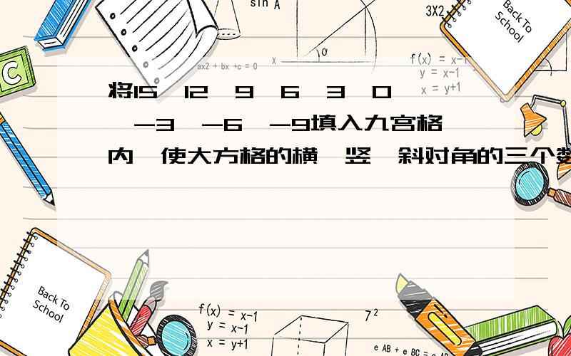 将15、12、9、6、3、0、-3、-6、-9填入九宫格内,使大方格的横、竖、斜对角的三个数字之和都相等最中间的数字是3