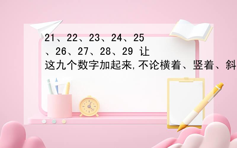 21、22、23、24、25、26、27、28、29 让这九个数字加起来,不论横着、竖着、斜着都让它等于七十二,该怎样填?