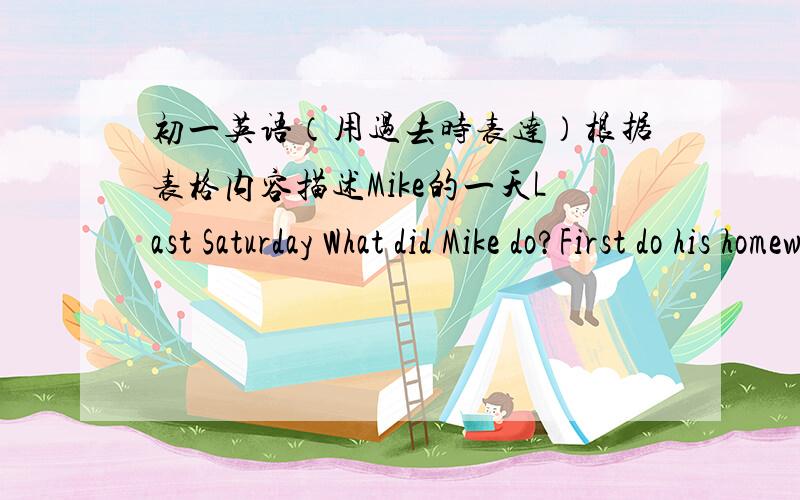 初一英语（用过去时表达）根据表格内容描述Mike的一天Last Saturday What did Mike do?First do his homework in the morning Next watch a football match on TV at noonThen play basketball with his friends in the afternoon Finally help