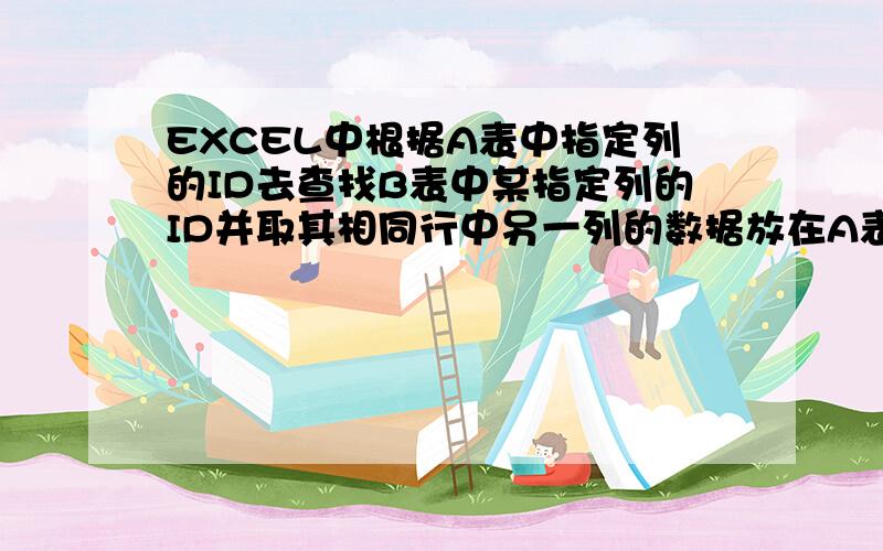 EXCEL中根据A表中指定列的ID去查找B表中某指定列的ID并取其相同行中另一列的数据放在A表中说清楚一点就是我A表中 有 2列  一列是ID 另一列是文本   B表中也有一列ID  和若干列数据现在 想做