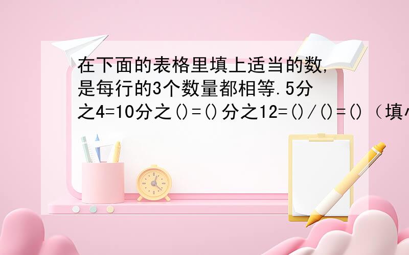 在下面的表格里填上适当的数,是每行的3个数量都相等.5分之4=10分之()=()分之12=()/()=()（填小数）