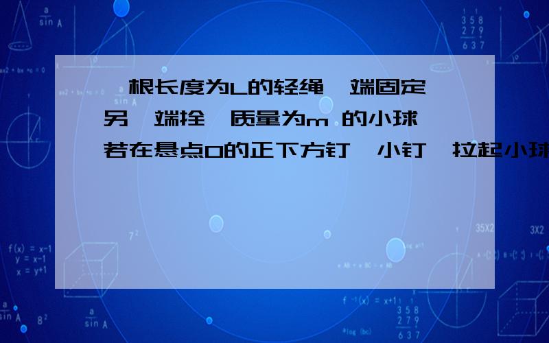 一根长度为L的轻绳一端固定,另一端拴一质量为m 的小球,若在悬点O的正下方钉一小钉,拉起小球至细绳水平位置时,由静止释放小球,当绳碰到小钉后,小球刚好能在以钉子C为圆心的竖直面内做