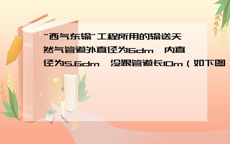 “西气东输”工程所用的输送天然气管道外直径为6dm,内直径为5.6dm,没跟管道长10m（如下图）（1）如果每立方米钢材重7.85吨,这跟钢管重多少吨?(的书保留两位小数)（2）如果管道中天然气的