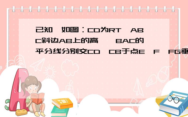 已知,如图：CD为RT△ABC斜边AB上的高,∠BAC的平分线分别交CD、CB于点E、F,FG垂直于AB,垂足为D求证CE＝FG我只等十分钟.急