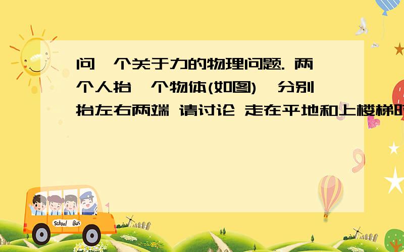 问一个关于力的物理问题. 两个人抬一个物体(如图),分别抬左右两端 请讨论 走在平地和上楼梯时两两个人抬一个物体(如图),分别抬左右两端请讨论 走在平地和上楼梯时两人受到的物体压力