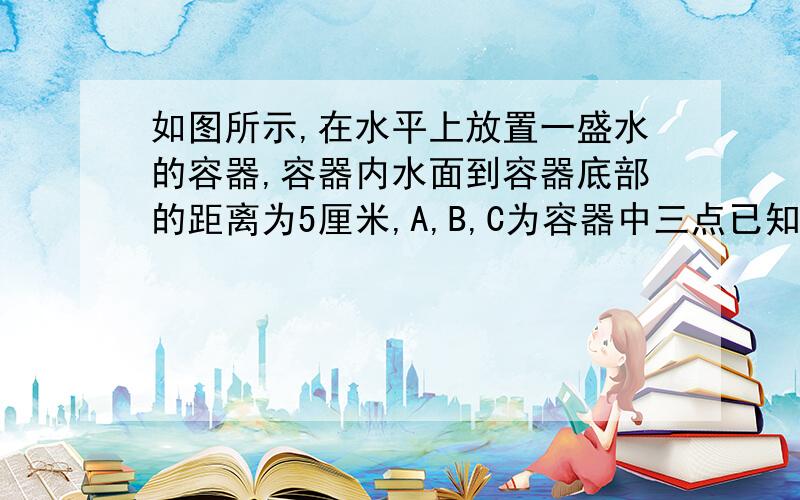 如图所示,在水平上放置一盛水的容器,容器内水面到容器底部的距离为5厘米,A,B,C为容器中三点已知A,B两点位于同一水平面上,A点距容器底部的竖直距离为15厘米,A点受到水的压强为_____帕,比较B