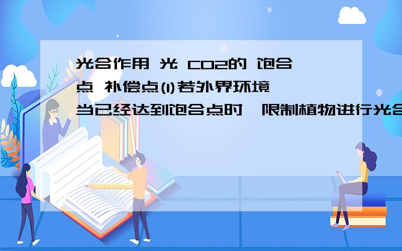 光合作用 光 CO2的 饱合点 补偿点(1)若外界环境,当已经达到饱合点时,限制植物进行光合作用的外界因素是什么?内部因素又是什么?(2)若外界环境,当已经达到饱合点时,限制植物进行光合作用的