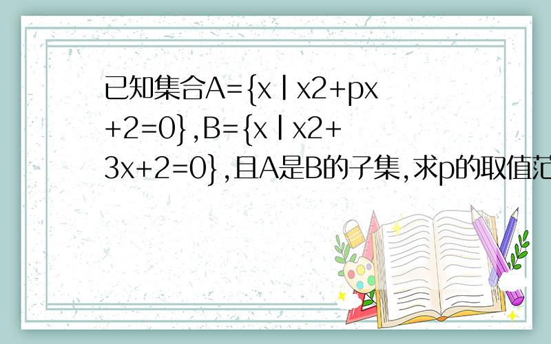 已知集合A={x|x2+px+2=0},B={x|x2+3x+2=0},且A是B的子集,求p的取值范围