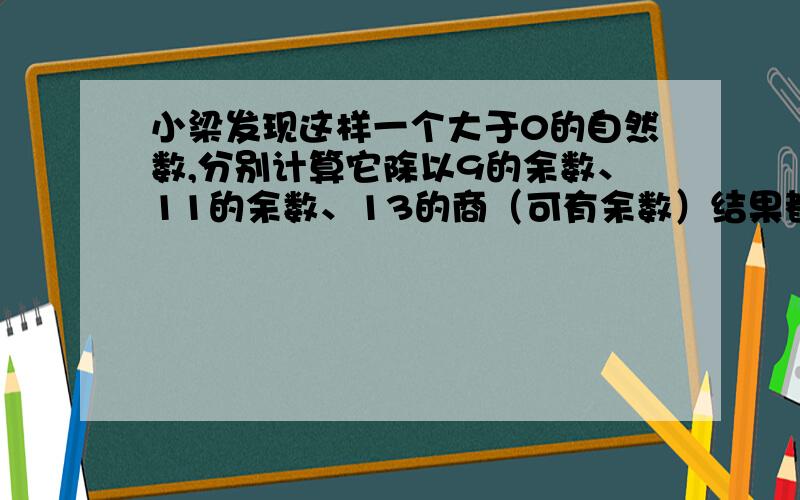 小梁发现这样一个大于0的自然数,分别计算它除以9的余数、11的余数、13的商（可有余数）结果都相同.这个数是（ ）,