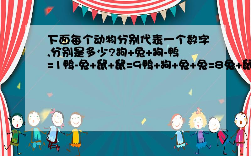 下面每个动物分别代表一个数字,分别是多少?狗+兔+狗-鸭=1鸭-兔+鼠+鼠=9鸭+狗+兔+兔=8兔+鼠+鸭-狗=8