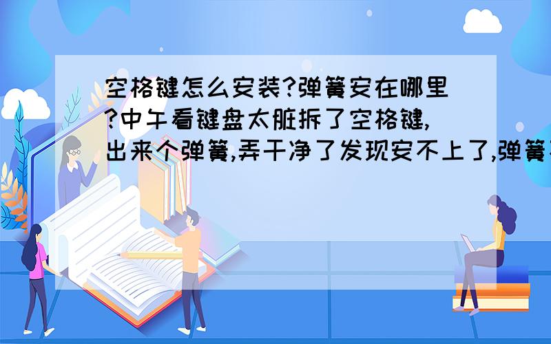 空格键怎么安装?弹簧安在哪里?中午看键盘太脏拆了空格键,出来个弹簧,弄干净了发现安不上了,弹簧不知道安哪里怎么安,不安弹簧按一下就不会弹起来了呜呜不能用了,求大神帮帮我.