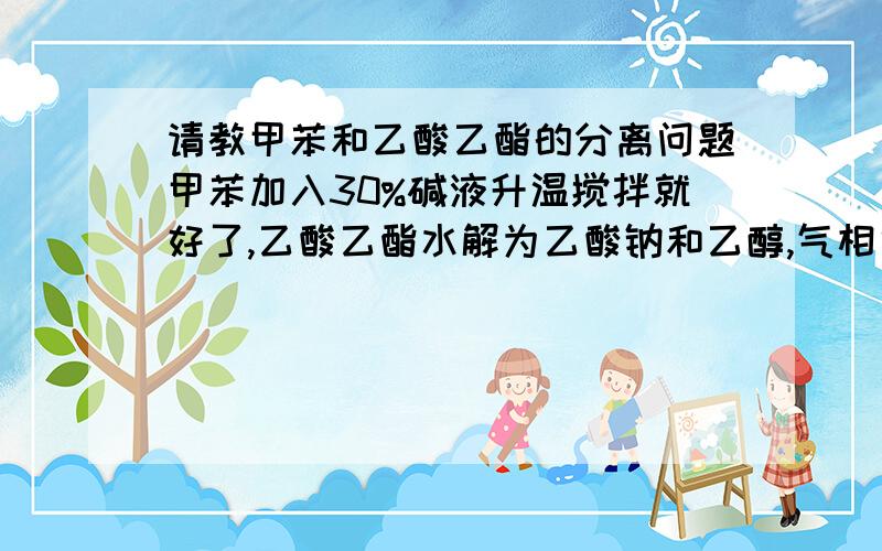 请教甲苯和乙酸乙酯的分离问题甲苯加入30%碱液升温搅拌就好了,乙酸乙酯水解为乙酸钠和乙醇,气相色谱监测甲苯相中无乙酸乙酯后,静置放出下层水层,上层甲苯相再蒸馏回收即可