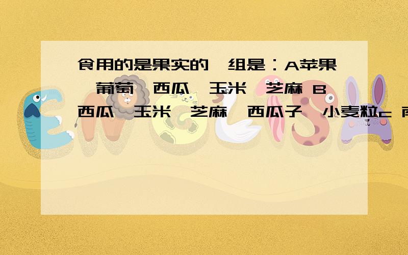 食用的是果实的一组是：A苹果,葡萄,西瓜,玉米,芝麻 B西瓜,玉米,芝麻,西瓜子,小麦粒c 南瓜,苹果,葡萄,西瓜