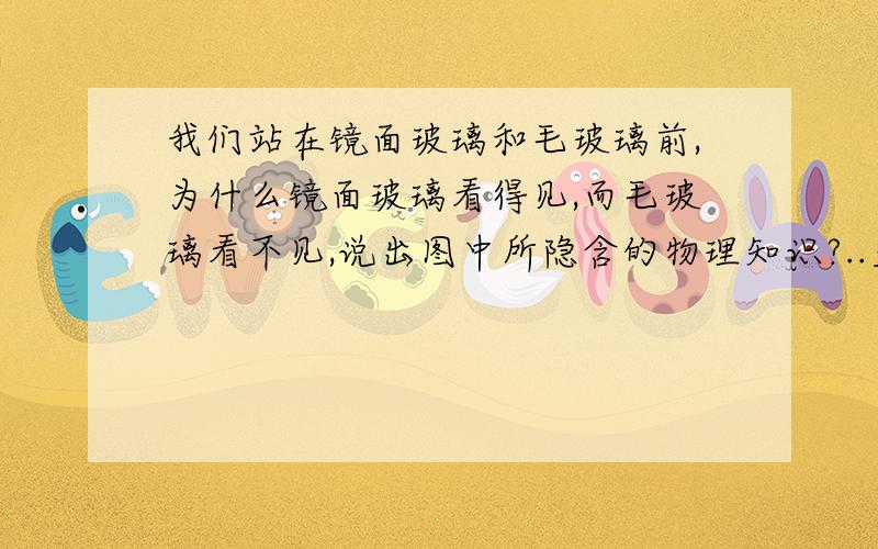 我们站在镜面玻璃和毛玻璃前,为什么镜面玻璃看得见,而毛玻璃看不见,说出图中所隐含的物理知识?..至少3个