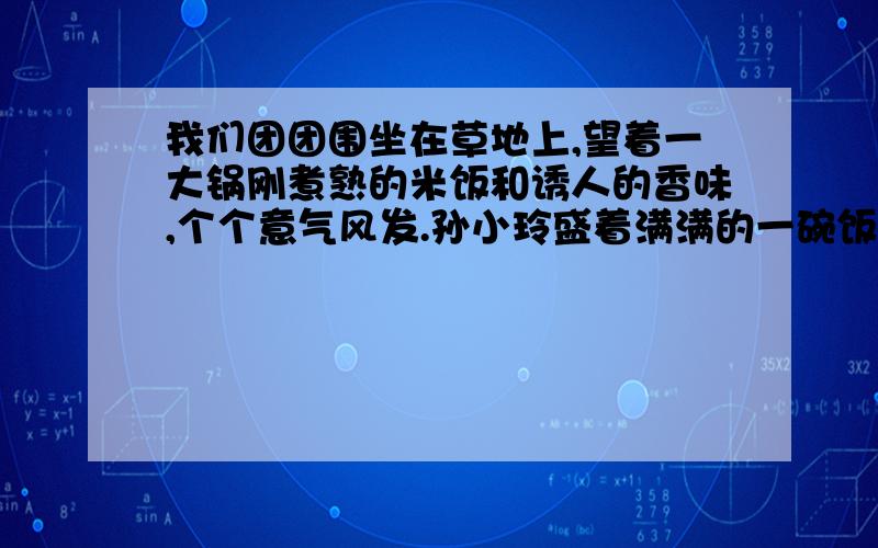 我们团团围坐在草地上,望着一大锅刚煮熟的米饭和诱人的香味,个个意气风发.孙小玲盛着满满的一碗饭递给我说：“来!你搭灶生火最辛勤,因该第一个欣赏!”说得大家都笑了.快乐的野餐活动