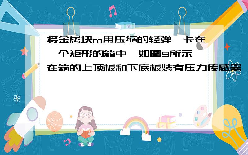 将金属块m用压缩的轻弹簧卡在一个矩形的箱中,如图9所示,在箱的上顶板和下底板装有压力传感器,箱可以沿竖直轨道运动.当箱以 的加速度竖直向上做匀减速运动时,上顶板的传感器显示的压