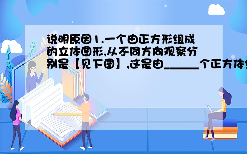 说明原因1.一个由正方形组成的立体图形,从不同方向观察分别是【见下图】,这是由______个正方体组成的立体图形.A、4 B、6 C、9 D、82.甲数是x,比乙数的1.2倍少0.3,乙数是______.A、1.2x-0.3 B、1.2x+0.