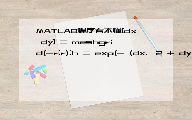 MATLAB程序看不懂[dx dy] = meshgrid(-r:r);h = exp(- (dx.^2 + dy.^2) / (2 * sigma_s^2));xp = padarray(x,[r r],’symmetric’);yp = padarray(y,[r r],’symmetric’);xt = zeros(size(x));parfor p = 1:numel(x),[i j] = ind2sub(size(x),p);求上面程