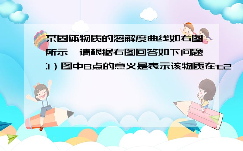 某固体物质的溶解度曲线如右图所示,请根据右图回答如下问题:1）图中B点的意义是表示该物质在t2℃时,S1g物质溶解于100g水形成不饱和溶液．则A点的意义是（2）当温度由t2℃→t1℃、溶液由A