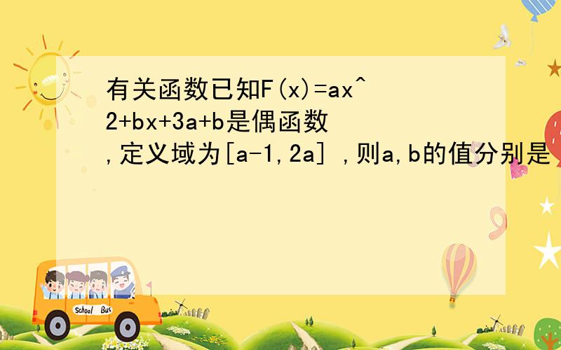 有关函数已知F(x)=ax^2+bx+3a+b是偶函数 ,定义域为[a-1,2a] ,则a,b的值分别是 .答案是1/3 ,0 .