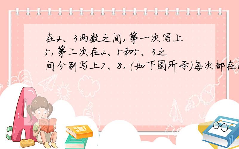 在2、3两数之间,第一次写上5,第二次在2、5和5、3之间分别写上7、8,（如下图所示）每次都在已写上的相邻两数之间写上这两个相邻数之和.这样的过程反复了六次,问所有数之和?2……7……5…