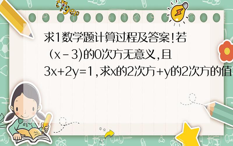 求1数学题计算过程及答案!若（x-3)的0次方无意义,且3x+2y=1,求x的2次方+y的2次方的值.