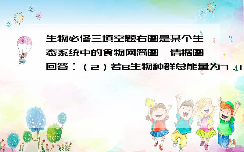 生物必修三填空题右图是某个生态系统中的食物网简图,请据图回答：（2）若B生物种群总能量为7．1×l09 kj,A生物种群总能量为2．3×108 kJ,从理论上计算C储存的总能量最少为 　　　KJ.