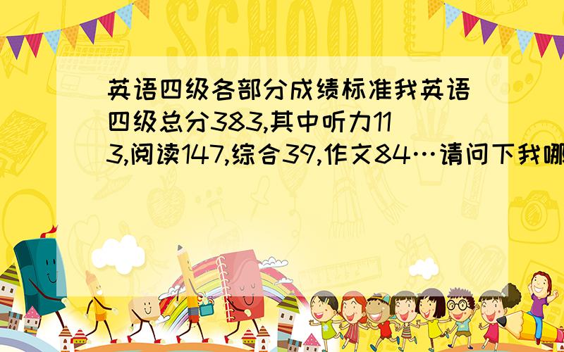 英语四级各部分成绩标准我英语四级总分383,其中听力113,阅读147,综合39,作文84…请问下我哪几部分的成绩不好,需要提高