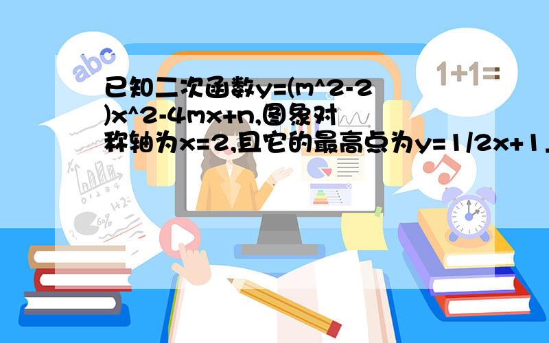 已知二次函数y=(m^2-2)x^2-4mx+n,图象对称轴为x=2,且它的最高点为y=1/2x+1上.若此抛物线形状和开口方向不变,顶点在y=1/2x+1上移动,A、B为抛物线与x轴两交点,是否存在顶点M使得角AMB=90°,请求出M点坐