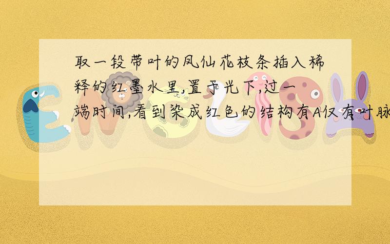 取一段带叶的凤仙花枝条插入稀释的红墨水里,置于光下,过一端时间,看到染成红色的结构有A仅有叶脉 B仅有叶柄 C仅有茎 D茎、叶柄和叶脉