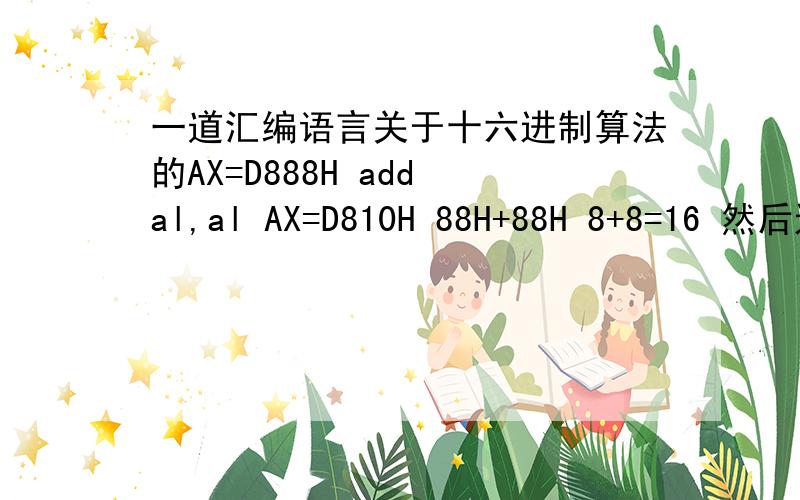 一道汇编语言关于十六进制算法的AX=D888H add al,al AX=D810H 88H+88H 8+8=16 然后进一位 8+8还得16 可以理解同样的还有道题 826CH+826CH=04D8H C+C得24 进一位得8 6+6得12 进一位得D 2+2得4 进一位得4 8+8得16 为