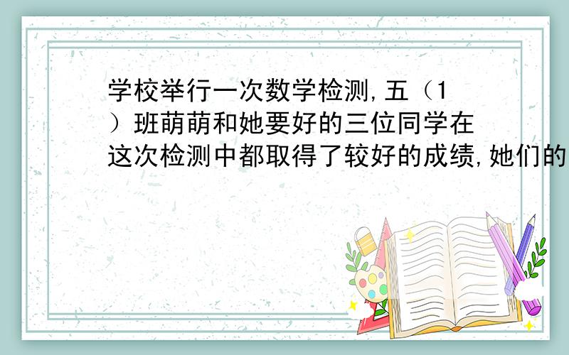 学校举行一次数学检测,五（1）班萌萌和她要好的三位同学在这次检测中都取得了较好的成绩,她们的平均分达到96分.但是,张晓在抄分时把自己的分数错抄成89分,因此,她们的平均分变成了93.