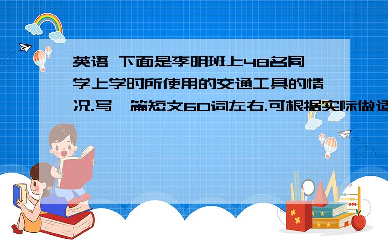 英语 下面是李明班上48名同学上学时所使用的交通工具的情况.写一篇短文60词左右.可根据实际做适当的发挥全班一半同学 14位同学 10位同学骑自行车 坐共汽 步行