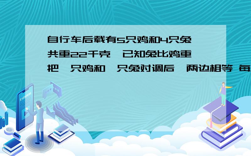 自行车后载有5只鸡和4只兔,共重22千克,已知兔比鸡重,把一只鸡和一只兔对调后,两边相等 每只鸡.兔各重