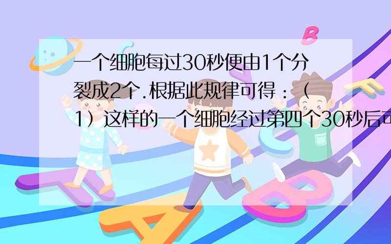 一个细胞每过30秒便由1个分裂成2个.根据此规律可得：（1）这样的一个细胞经过第四个30秒后可分裂成（）个细胞（2）这样的一个细胞经过3小时后可分裂成（）个细胞（3）这样的一个细胞