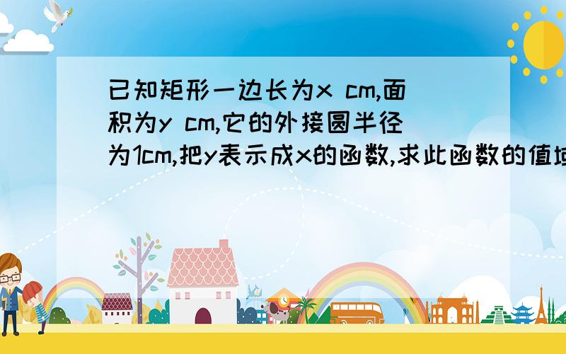 已知矩形一边长为x cm,面积为y cm,它的外接圆半径为1cm,把y表示成x的函数,求此函数的值域.