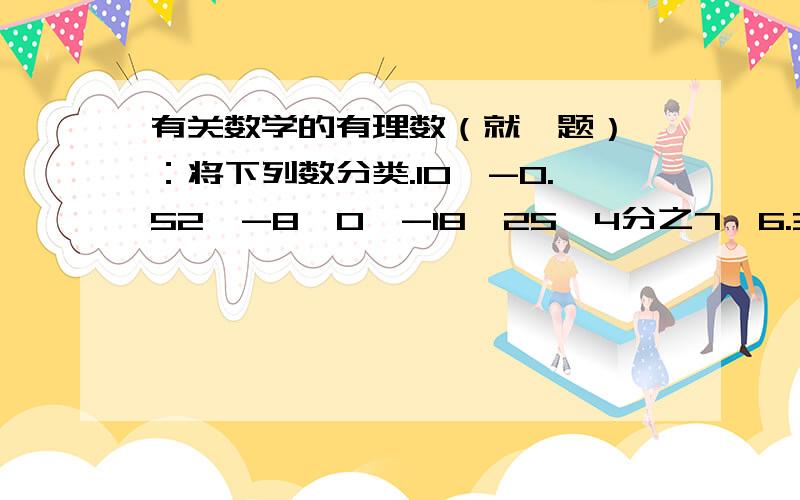 有关数学的有理数（就一题）一：将下列数分类.10,-0.52,-8,0,-18,25,4分之7,6.3%,3.14正数集合：整数集合：整数与正数重叠的数：（2）整数与正数重叠的数表示的是什么数的集合?注：（2）一定要