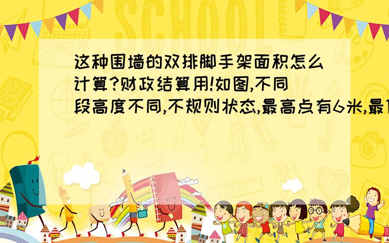 这种围墙的双排脚手架面积怎么计算?财政结算用!如图,不同段高度不同,不规则状态,最高点有6米,最低点4米,我们实际搭设的都是6米的钢管架.问：财政结算脚手架工程量的时候,我是应该分段