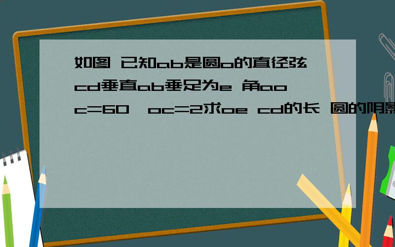 如图 已知ab是圆o的直径弦cd垂直ab垂足为e 角aoc=60°oc=2求oe cd的长 圆的阴影面积