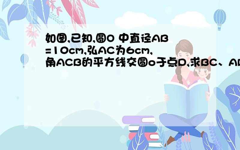 如图,已知,圆O 中直径AB=10cm,弘AC为6cm,角ACB的平方线交圆o于点D,求BC、AD、BD的长?