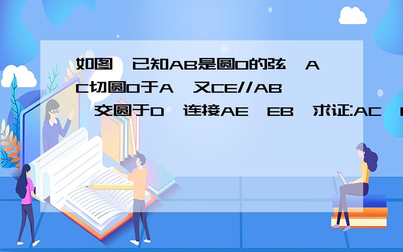 如图,已知AB是圆O的弦,AC切圆O于A,又CE//AB,交圆于D,连接AE,EB,求证:AC*BE=DC*AE