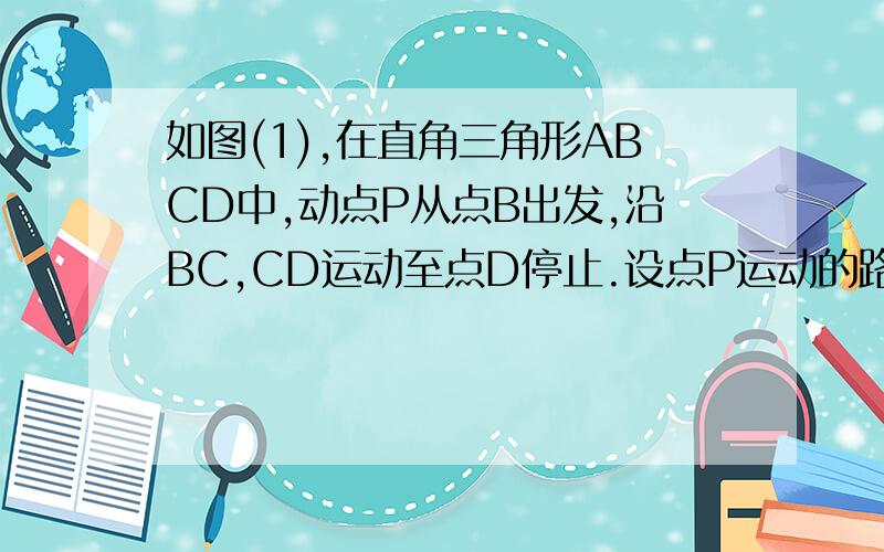 如图(1),在直角三角形ABCD中,动点P从点B出发,沿BC,CD运动至点D停止.设点P运动的路程为x,△ABP的面积为y,如果y关于x的函数图象如图（2）所示,则△BCD的面积是