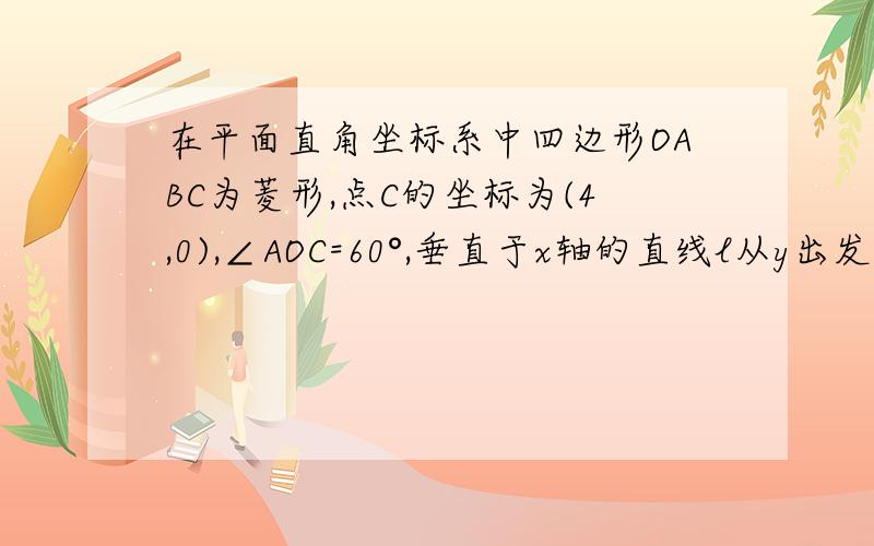 在平面直角坐标系中四边形OABC为菱形,点C的坐标为(4,0),∠AOC=60°,垂直于x轴的直线l从y出发,沿X轴正方向以每秒1个单位长度的速度运动,设直线与菱形OABC的两边分别交于点M、N（点M在N的上方）