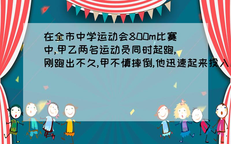 在全市中学运动会800m比赛中,甲乙两名运动员同时起跑,刚跑出不久,甲不慎摔倒,他迅速起来投入比赛,并取得取得了优异成绩,图中分别表示甲乙所跑的路程y（m）与比赛时间x（s）之间的关系,