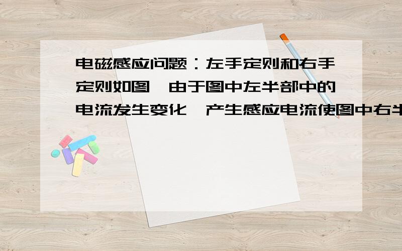 电磁感应问题：左手定则和右手定则如图,由于图中左半部中的电流发生变化,产生感应电流使图中右半部分里的导体棒ab在向右运动.很明显,是受到安培力的作用,那么用左手定则可判断ab处感