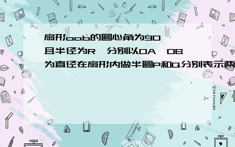 扇形oab的圆心角为90°,且半径为R,分别以OA,OB为直径在扇形内做半圆P和Q分别表示两个面积,那么P和Q的大小关系是?A.P=Q        B.P＞Q      C.P＜Q     D.无法确定Q是中间那部分白色的面积,P是上面白色