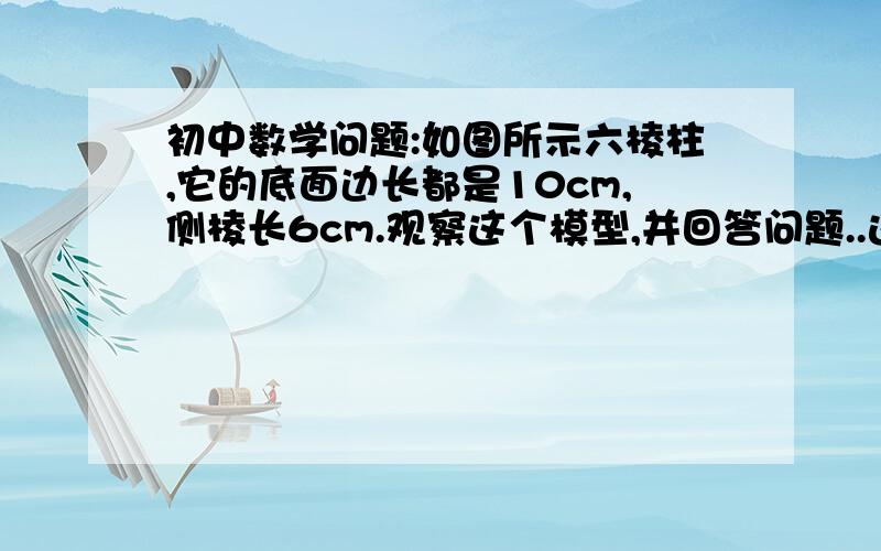 初中数学问题:如图所示六棱柱,它的底面边长都是10cm,侧棱长6cm.观察这个模型,并回答问题..这六棱柱共多少个面?它们分别是什么形状?哪些面的形状和面积完全相同?2.这六棱柱一共有多少条棱